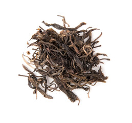 Dry tea leaves isolated on white background.top view