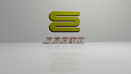 3D representation of TOWEL with icon on the wall and text arranged by metallic cubic letters on a mirror floor for concept meaning and slideshow presentation. background and white