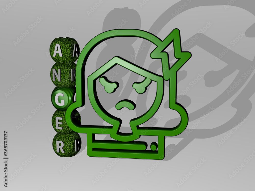 Aufkleber 3D graphical image of anger vertically along with text built around the icon by metallic cubic letters from the top perspective. excellent for the concept presentation and slideshows. angry and
