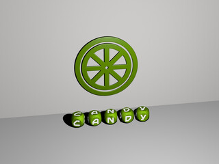 3D illustration of candy graphics and text made by metallic dice letters for the related meanings of the concept and presentations. background and chocolate