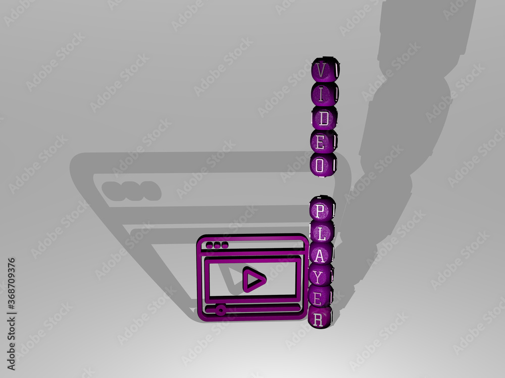 Fototapete 3d illustration of video player graphics and text around the icon made by metallic dice letters for 