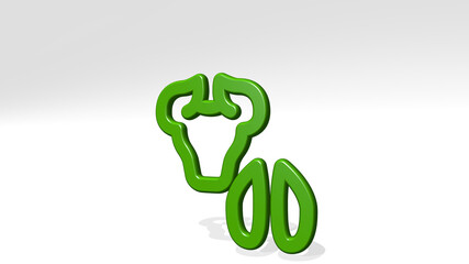 LIVESTOCK BULL FOOTSTEP from a perspective with the shadow. A thick sculpture made of metallic materials of 3D rendering. animal and farm