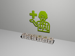 3D graphical image of DOCTOR vertically along with text built by metallic cubic letters from the top perspective, excellent for the concept presentation and slideshows. care and clinic