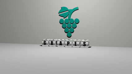 3D illustration of grapes graphics and text made by metallic dice letters for the related meanings of the concept and presentations. background and wine