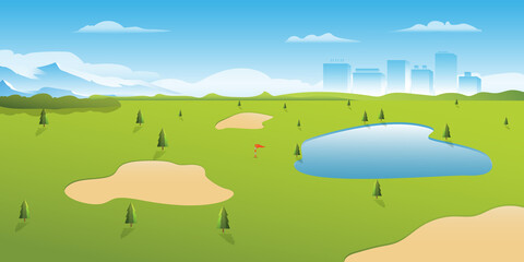 Obraz na płótnie Canvas Golf park lake with mountain city building view sunny day background tamplate