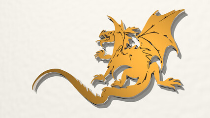 DRAGON from a perspective on the wall. A thick sculpture made of metallic materials of 3D rendering. illustration and background
