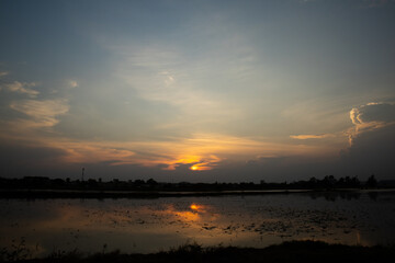 landscape with early sunrise by the lake, heaven sky, black tree silhouettes. Beautiful shadows and swamp river.