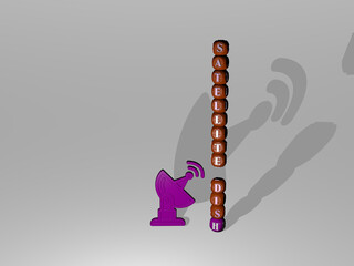 3D graphical image of satellite dish vertically along with text built around the icon by metallic cubic letters from the top perspective. excellent for the concept presentation and slideshows.