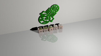 3D illustration of WORLD graphics and text made by metallic dice letters for the related meanings of the concept and presentations. background and map