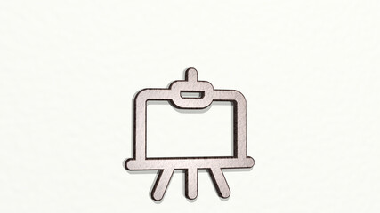 DESIGN DRAWING BOARD made by 3D illustration of a shiny metallic sculpture on a wall with light background. abstract and art