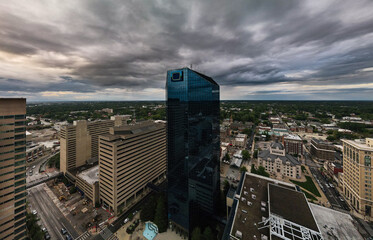 Aerial panoramic view of downtown Lexington, Kentucky with the blue glass business offices building...