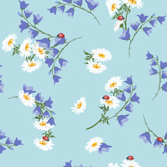 Seamless vector illustration with chamomile, campanula and ladybug