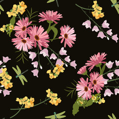 Fototapeta na wymiar Seamless vector illustration with gerbera flowers, campanula and dragonflies
