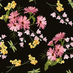 Behang Seamless vector illustration with gerbera flowers, campanula and dragonflies © Nadezhda