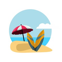 Fototapeta na wymiar Surf Board on a Beach Sand with Ocean View and Umbrella
