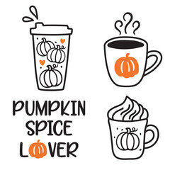 Vector illustration of pumpkin spice latte coffee cup doodles. Fall season hot coffee drinks.