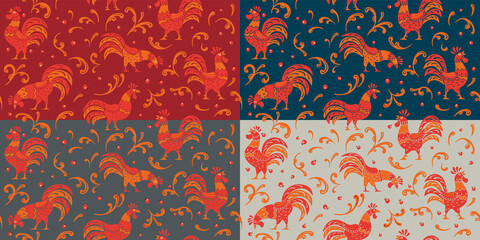 Seamless pattern. Color options. Decorative roosters surrounded by ornaments. Traditional folk paintings. Vector graphics