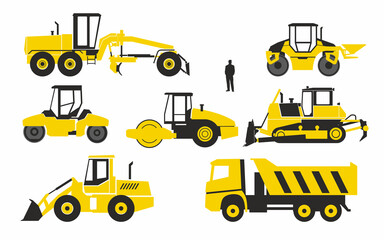 Naklejka premium Special vehicles for road construction. Stylish simplified icons. Vector graphics
