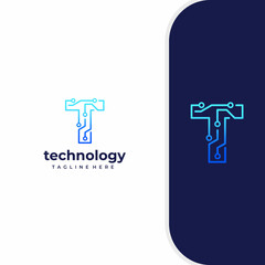 Letter T Technology, Line Dot Connection Logo