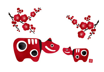 Japanese Folk craft &rdquo;Akabeko&rdquo;　赤べこ親子の水彩イラスト	