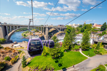 View from a gondola on a cable above the Spokane River at Riverfront Park, Spokane Washington, USA © Kirk Fisher