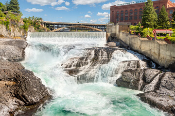 The Spokane Falls and water and power building at downtown Riverfront Park in Spokane, Washington,...