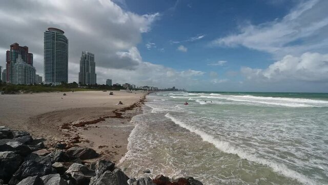 Strong wind from Hurricane Isaias generates heavy surf in South Beach in Miami Beach, Florida 4K.