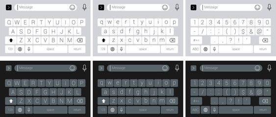 smartphone keyboard input alphabet or symbol mobile phone. vector modern keyboard of smartphone, alphabet buttons, dark and light UI mode. - obrazy, fototapety, plakaty