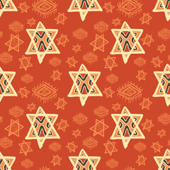 Seamless vector of tribal style motif star shape on pastel orange background