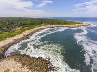 Halibut Point State Park and grainy quarry aerial view and the coast aerial view in town of Rockport, Massachusetts MA, USA.