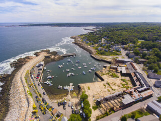 Village of Pigeon Cove aerial view in town of Rockport, Cape Ann, Massachusetts MA, USA. 