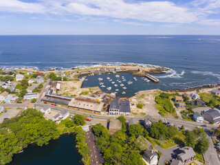Village of Pigeon Cove aerial view in town of Rockport, Cape Ann, Massachusetts MA, USA. 