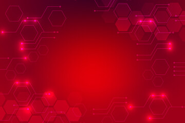 Hexagonal red technology background with various technological elements. The concept of innovative high-tech communications. Digital technology and engineering.