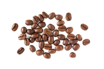 Close up,Coffee beans isolated on the white background,Top view.