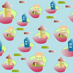 Dynamic composition of abstract houses on a light background.