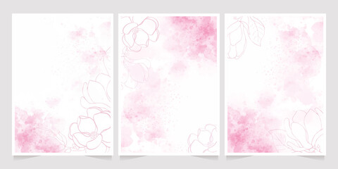 pink watercolor background with doodle line art magnolia flower for wedding invitation card 5x7 template collection