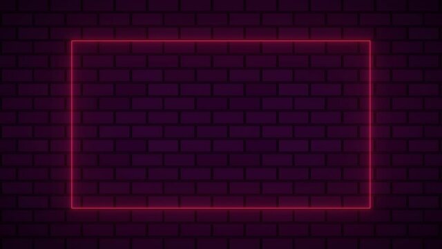 Empty billboard frame electric power round border glowing, blink. Red color neon lightning sign on brick wall background. Blank rectangle neon light, blinking, electric power around frame lights