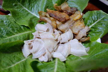 boiled pork slice and fried pork slice served with vegetable