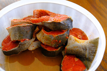 Marinated Salmon Steaks ready for cooking © primestockphotograpy