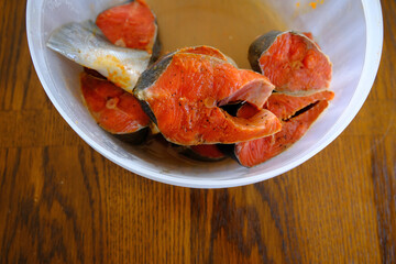 Marinated Salmon Steaks ready for cooking