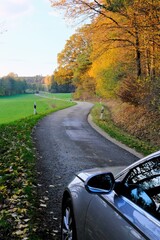Car on the autumn road. Autumn travel and trips.Road view. Silver color car on the road  with trees with yellow foliage and green fields in the sunshine.Autumn landscape. Fall  time.