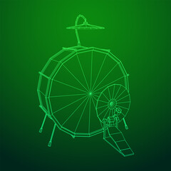 Musical instruments set. Rock band drum kit. Percussion musical instrument drums and cymbal. Wireframe low poly mesh vector illustration.