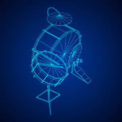 Musical instruments set. Rock band drum kit. Percussion musical instrument drums, stick and cymbal. Wireframe low poly mesh vector illustration.