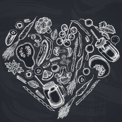 Heart design with chalk lemons, broccoli, radish, green beans, cherry tomatoes, beet, greenery, carrot, basil, pumpkin, smoothie cup, smothie jars, cucumber, celery