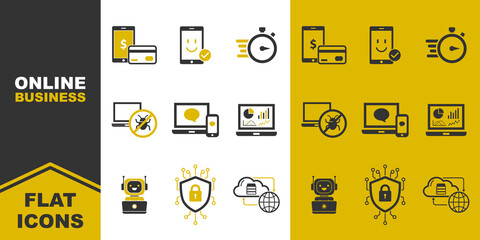 collection of online business flat icons. cashless payment, quick response, analytic data. Vector illustration. 