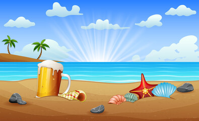 A glass of beer and seashell starfish on the sea sand