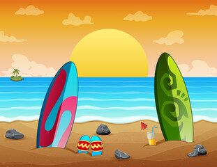 Summer holiday sunset beach scene with surfboards on sand