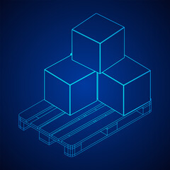 Cargo pallet for warehouse with stacked goods cardboard boxes. Logistics shipping concept. Wireframe low poly mesh vector illustration.