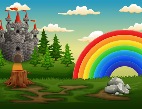 Illustration of a castle at the hilltop with a rainbow