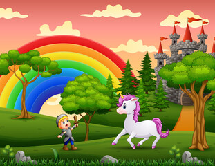 Little Knight fights a unicorn in the castle yard